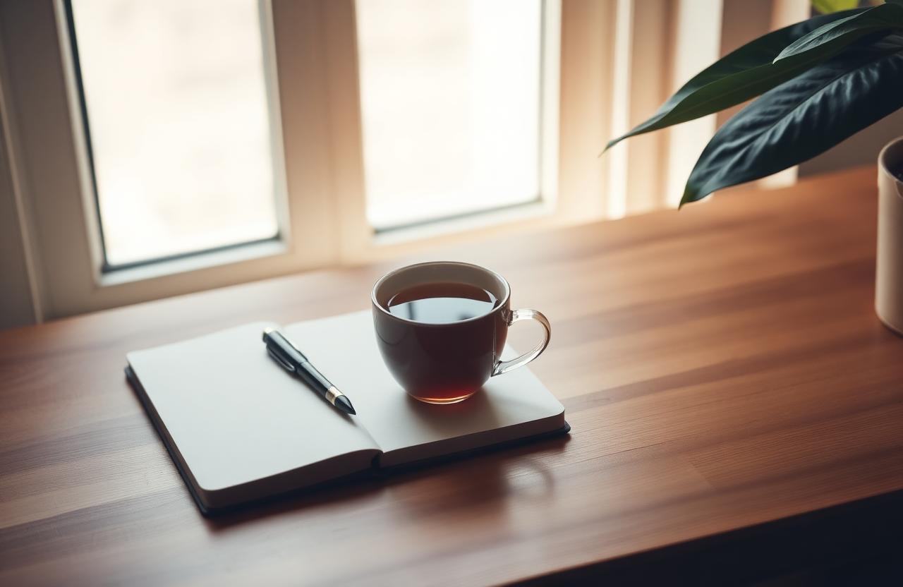 Notebook and coffee on a desk by a window